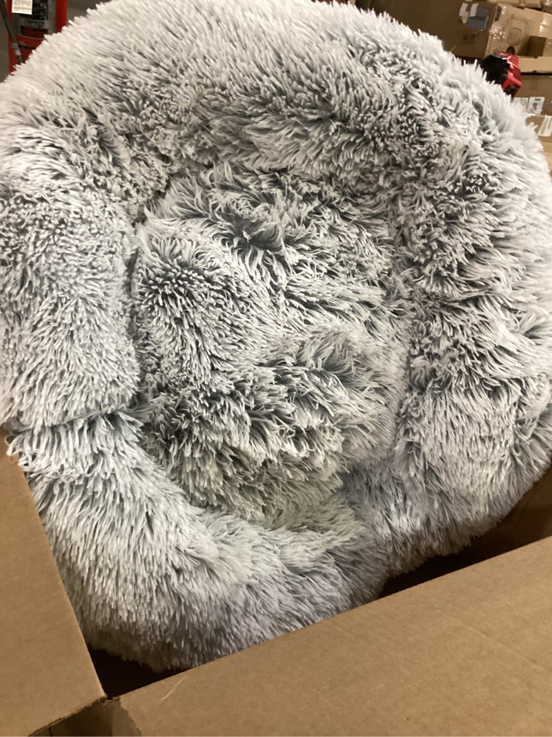 Condition photo showing Good Condition for western home wh calming dog & cat bed, anti-anxiety donut cuddler warming cozy soft round bed, fluffy faux fur plush cushion bed for small medium dogs and cats (20"/24"/27"/30") 30.0"l x 30.0"w x 8.0"th light grey