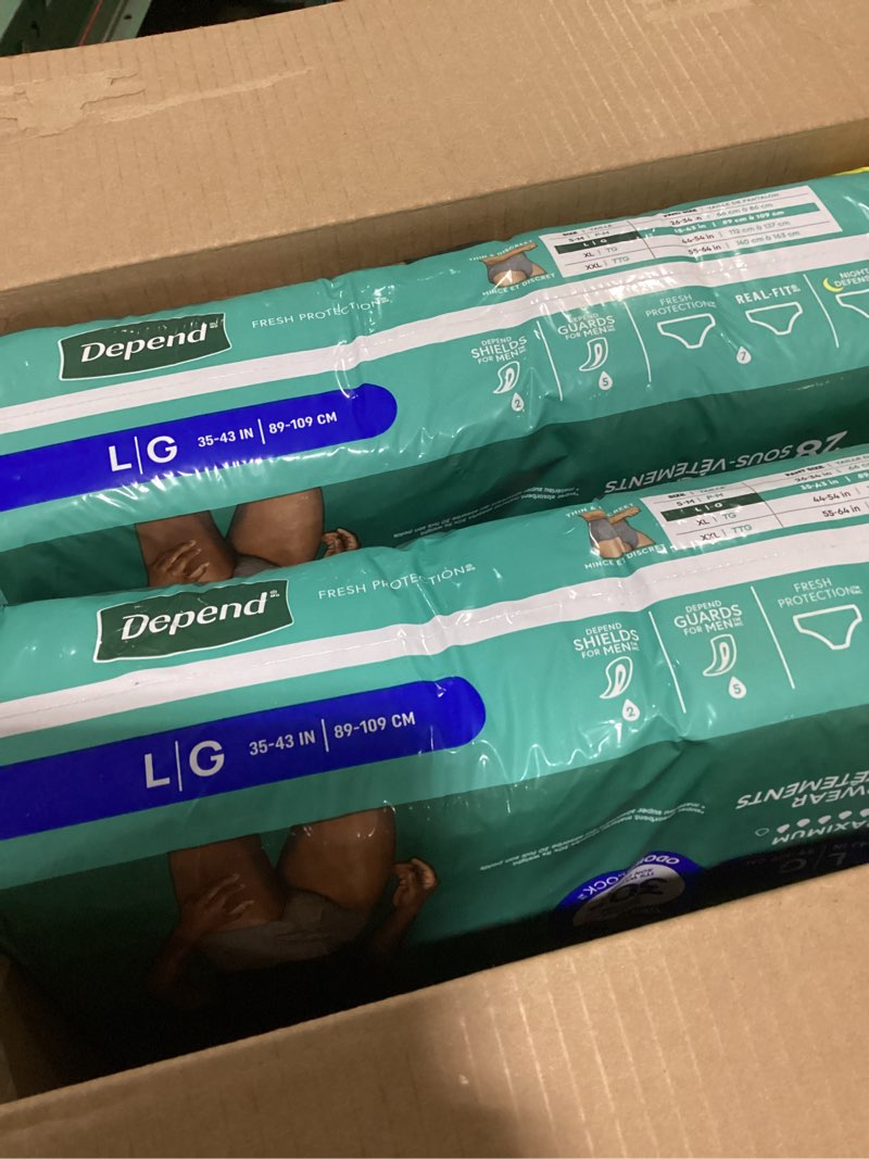 Condition photo showing As Is for depend fresh protection adult diapers, incontinence underwear for men, disposable, maximum, large, grey, 72 count (2 packs of 36), packaging may vary large 72