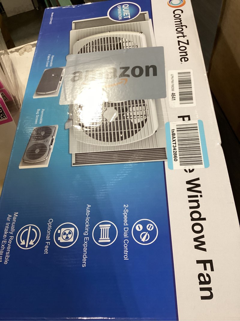 Condition photo showing Good Condition for comfort zone twin window fan with reversible airflow control, 9 inch, auto-locking expanders, 2 speed fan, dual fan, exhaust, airflow 9.84 ft/sec, ideal for home, kitchen, bedroom & office, cz319wt white 9"