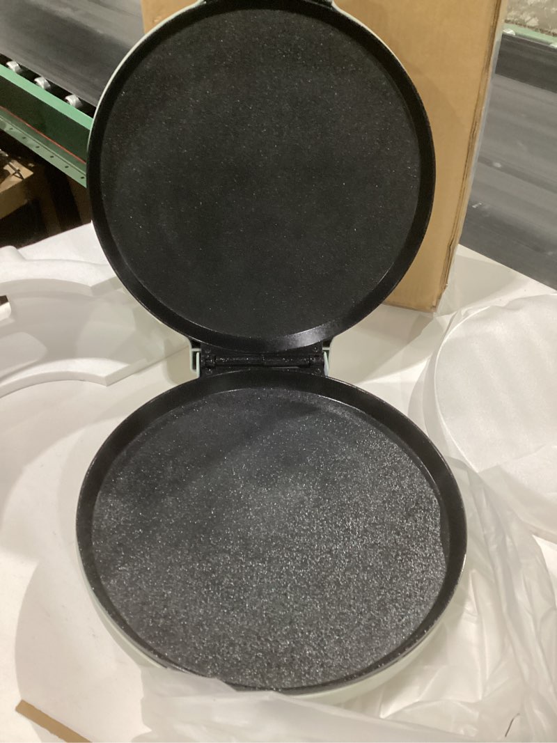 Condition photo showing As Is for chefman everything maker & pizza oven – 1440w countertop electric pizza maker with 12” nonstick cooking plates, plus makes quesadillas, omelettes and more, with indicator lights and vertical storage 13\" x 15\" x 4\" concrete, similar to stock photo,not tested