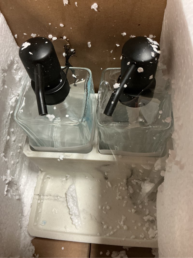 Condition photo showing Good Condition for glass soap dispenser set with resin storage containers for bathroom, bedroom, home, office, lotion pump with rustproof pumps, large capacity heavy bottles (marble)