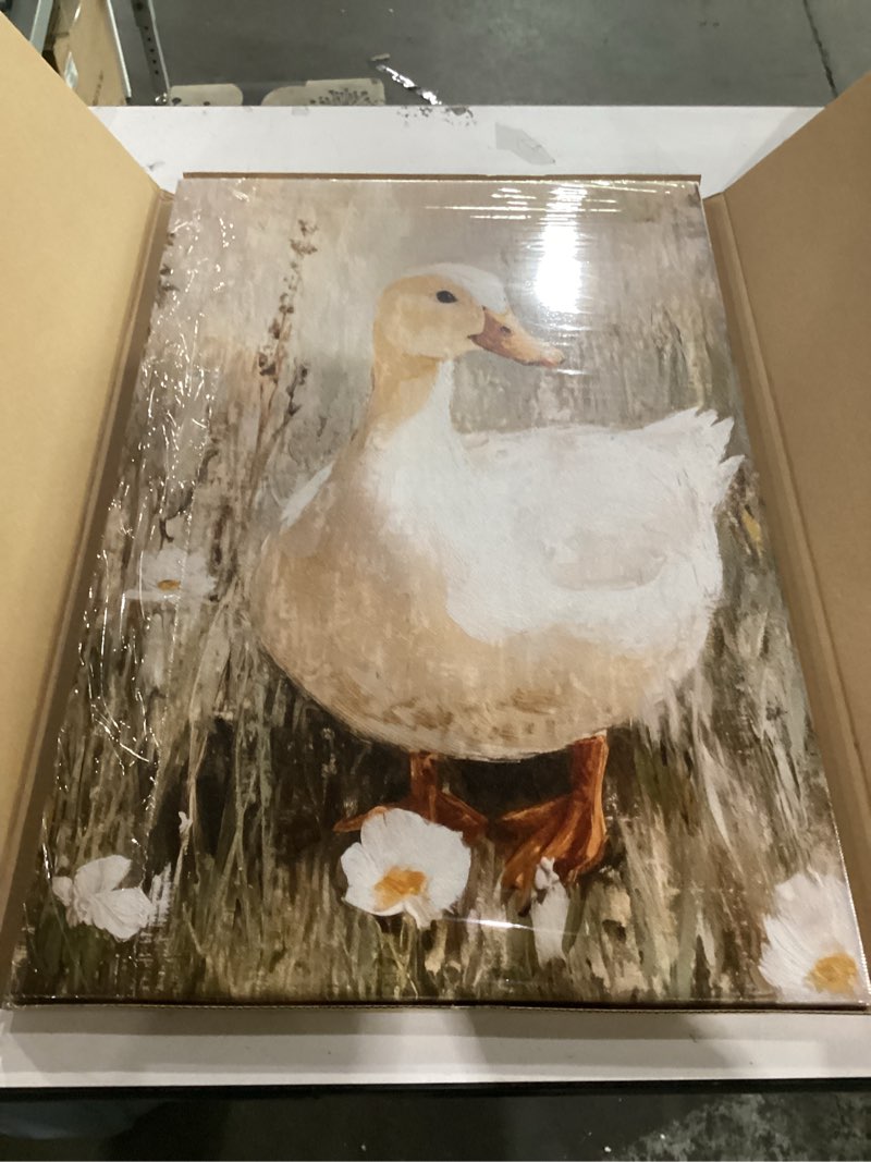Condition photo showing Good Condition for framed vintage duck farmhouse animal oil painting wall art decor canvas print picture poster country gallery bedroom living room bathroom decor 12x16 inch ready to hang white corgi duck 16"l x 12"w