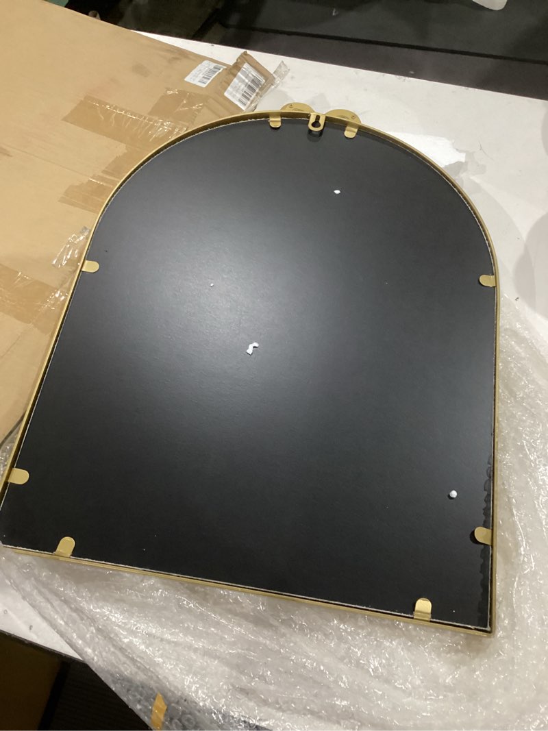 Condition photo showing Good Condition for vintage arched cork board with bow – 20“x30” large decorative bulletin board with linen for walls, gold metal pin board for notes, photos & reminders, elegant vision board for home & office gold 30" x 20"