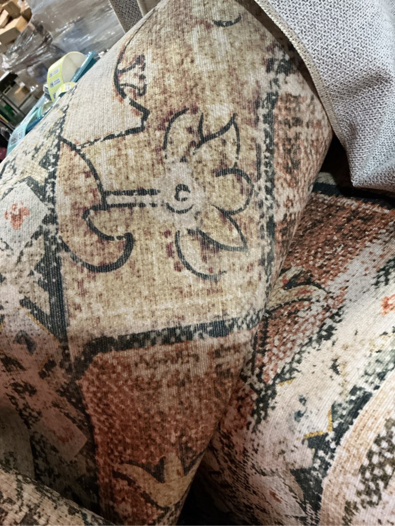 Condition photo showing As Is for BESTSWEETIE 8x10 Area Rug Washable Rugs for Living Room, No Pile Boho Carpet for Entryway Bedroom Dinning Room, Vintage Carpet Print Distressed Non-Slip, 8 x 10 ft, Orange Pink Brown Earth Tones