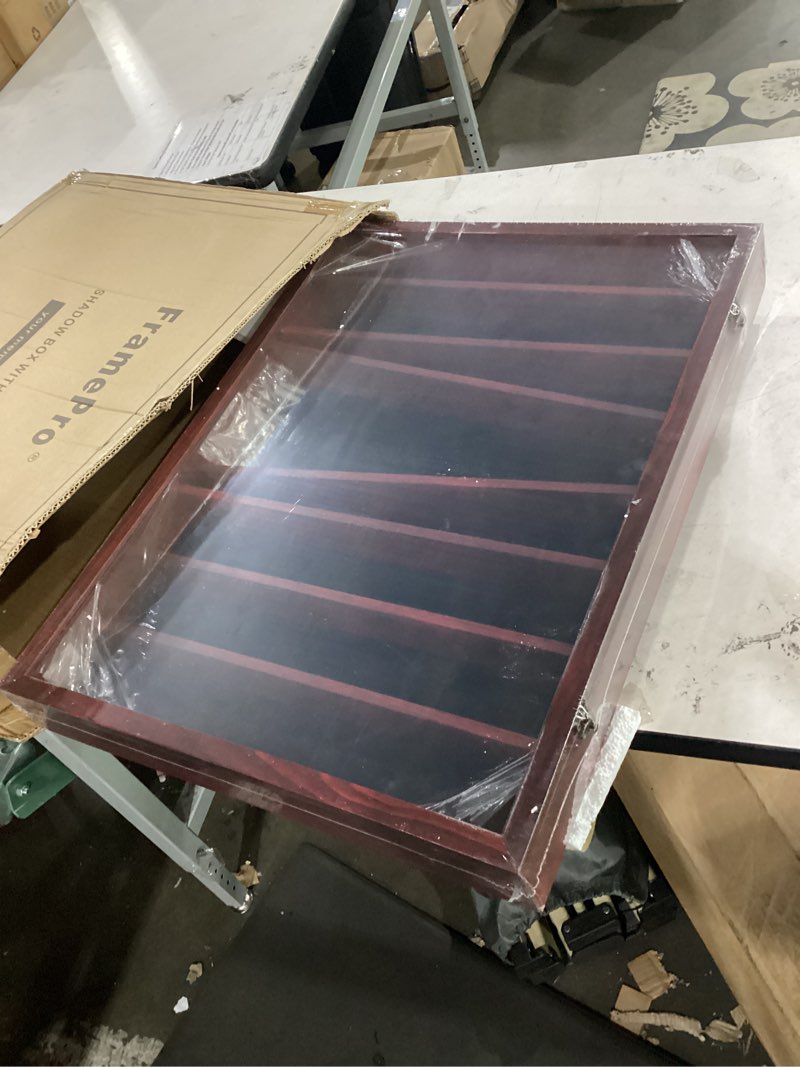 Condition photo showing Good Condition for 18x24 wooden shadow box frame with removable shelves deep display case for military medals keepsakes cherry cherry 18x24