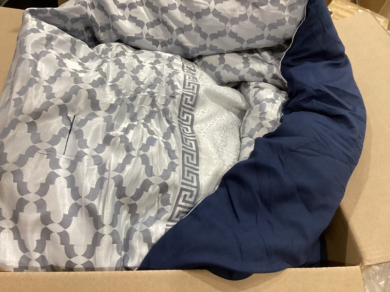 Condition photo showing Good Condition for madison park luxury comforter set-traditional jacquard design all season down alternative bedding, matching bedskirt, decorative pillows, cal king(104"x92"), bennett, geometric navy 7 piece