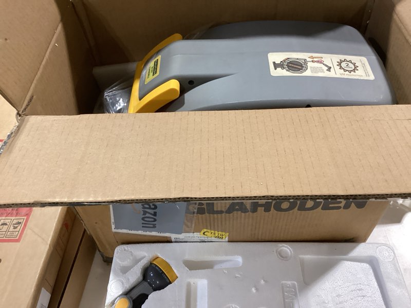 Condition photo showing Good Condition for glahoden retractable garden hose reel 5/8 in x 65 ft, 2025 upgraded dual ratchet lock uv & freeze protection brass seal slow retraction anti-tangle hose 180°swivel reinforced scaffold wall mount 5/8" 65ft light gray