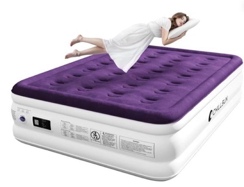 chillsun air mattress full with built in pump, 18" raised comfort blow up mattress, inflatable mattress colchon inflable, upgraded flocked top air bed with storage bag for home, camping & guests