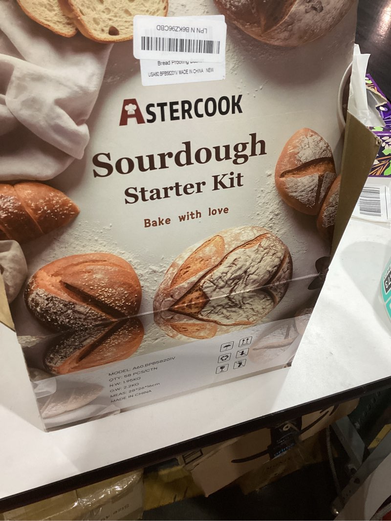 Condition photo showing Good Condition for Astercook Sourdough Starter Kit with Round & Oval Banneton Bread Proofing Basket, Bread Sling, Starter Jar, Dough Whisk, Scrapers, Stencils, Cooling Rack & Bag Complete Sourdough Bread Baking Supplies