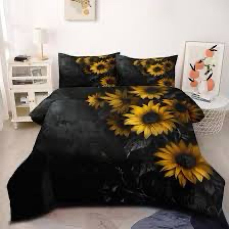 CCoutueChen Black Floral Comforter Yellow Sunflower Painting Comforter Set King Size Botanical Flowe