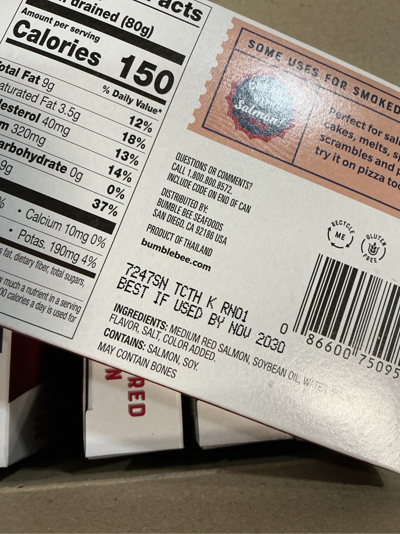 Condition photo showing New/Like New for (best by nov 2030)bumble bee smoke flavored red coho salmon fillets in oil, 3.75 oz (pack of 12) - 19g protein - skinless, boneless - great for snacks & recipes - gluten free coho - skinless & boneless - smoke flavored in oil 3.75 ounce (pack of 12)