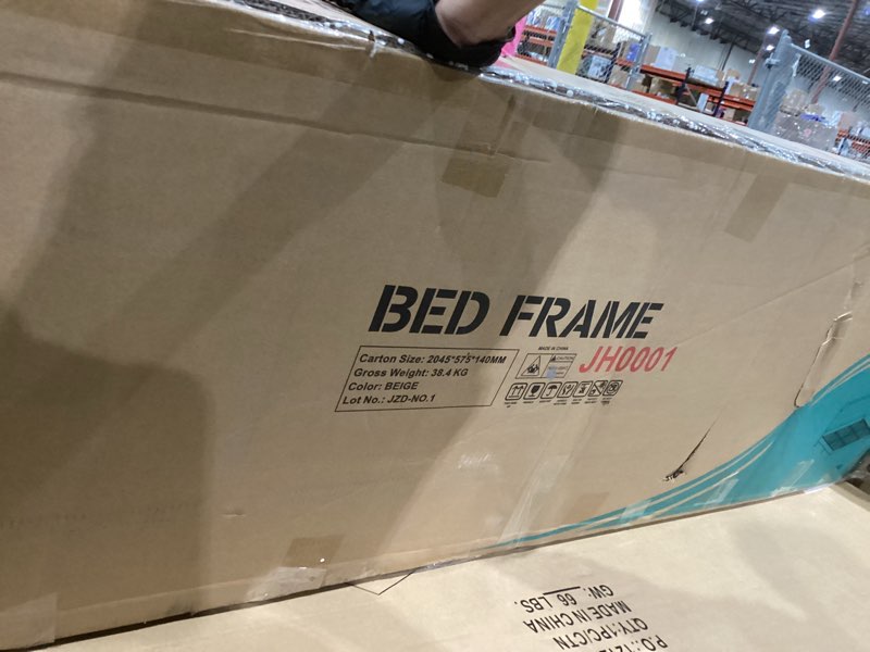 Condition photo showing Good Condition for vecelo king size bed frame with upholstered headboard, velvet platform bedframe mattress foundation, strong wood slat support, no box spring needed,velvet beige bed frame velvet beige king