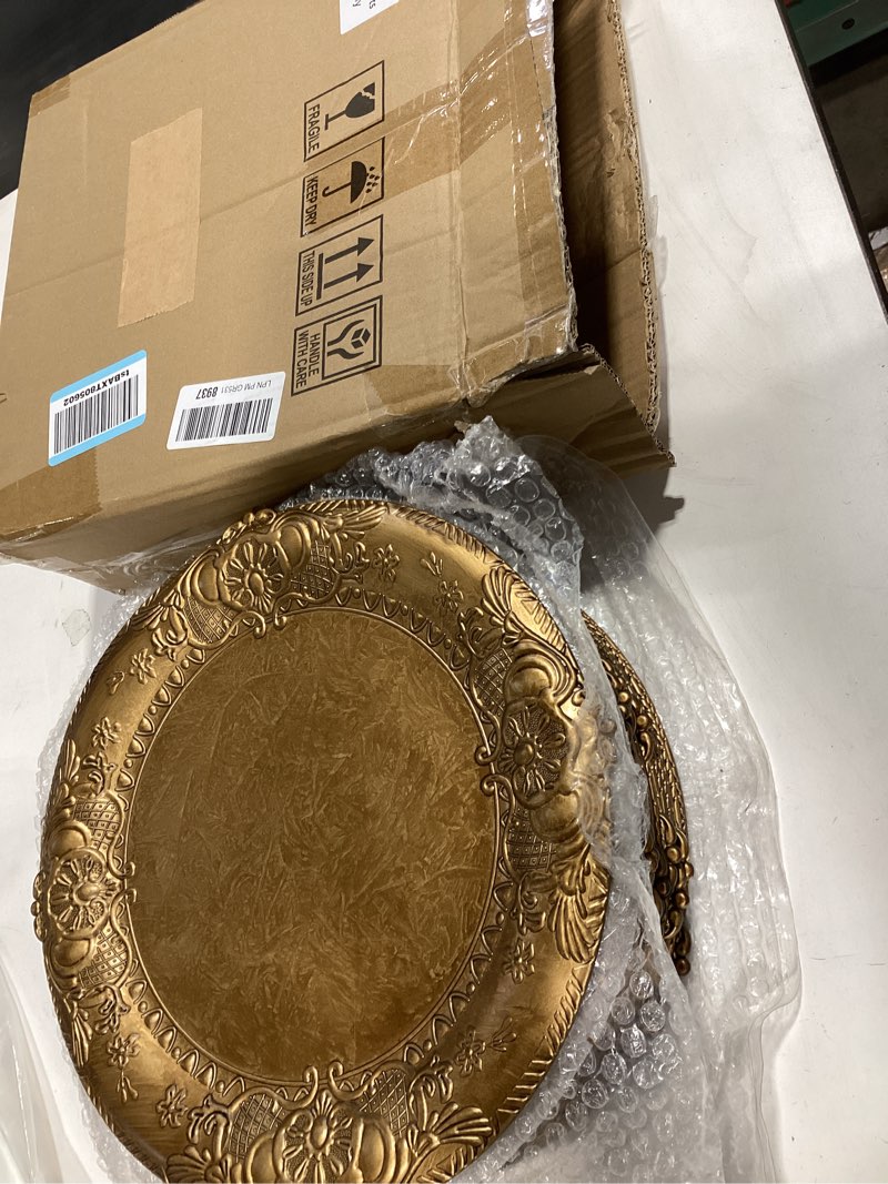 Condition photo showing New/Like New for mifoci antique gold charger plates set of 24 plastic gold chargers for dinner plates decorative 13" round plate bulk with embossed rim for dinner, party, wedding(classic)