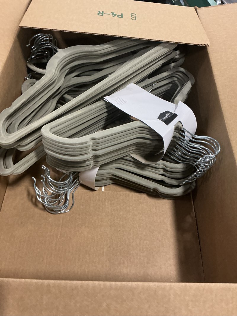 Condition photo showing New/Like New for Amazon Basics Slim, Velvet, Non-Slip, Durable Suit Clothes Hangers for Closet, Coats, Pants, Shirts, Gray/Silver, Pack of 100 Gray/Silver Pack of 100