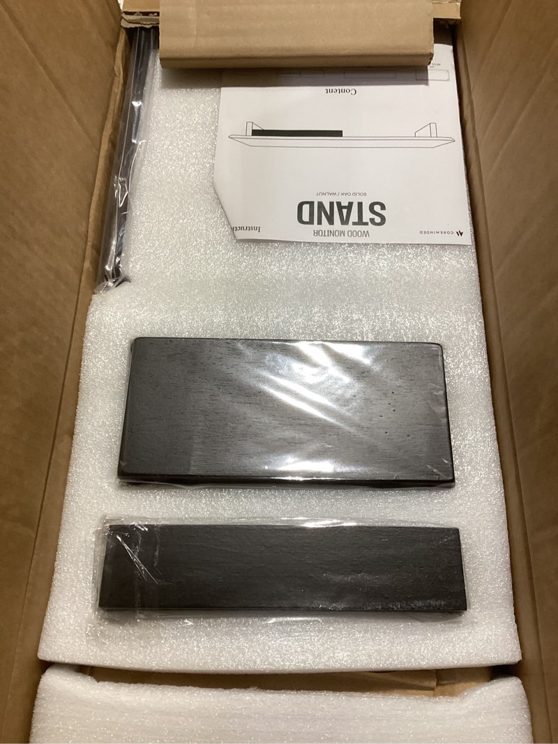 Condition photo showing As Is for Solid Wood Dual Monitor Stand Riser – 43" Walnut Desk Shelf for 2 Monitors with Tray & Wool Felt, Organizer for Desktop, Laptop and Office (Solid Walnut)