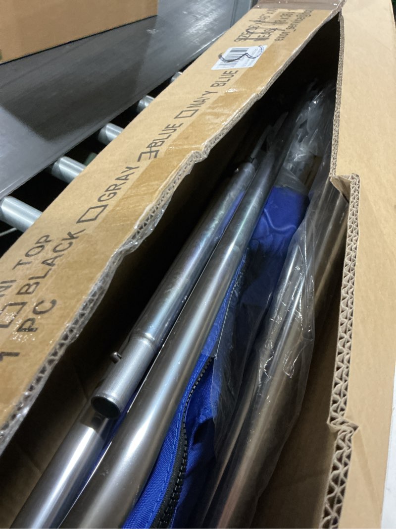 Condition photo showing As Is for bimini tops for boats - 900d polyester canopy with 1" stainless aluminum frame, storage boot and 4 nylon straps, bimini top for jon boats, pontoon boats, bowriders (blue, 3 bow 6'l x 46"h x 61"-66"w) blue 3 bow 6'l x 46"h x 61"-66"w