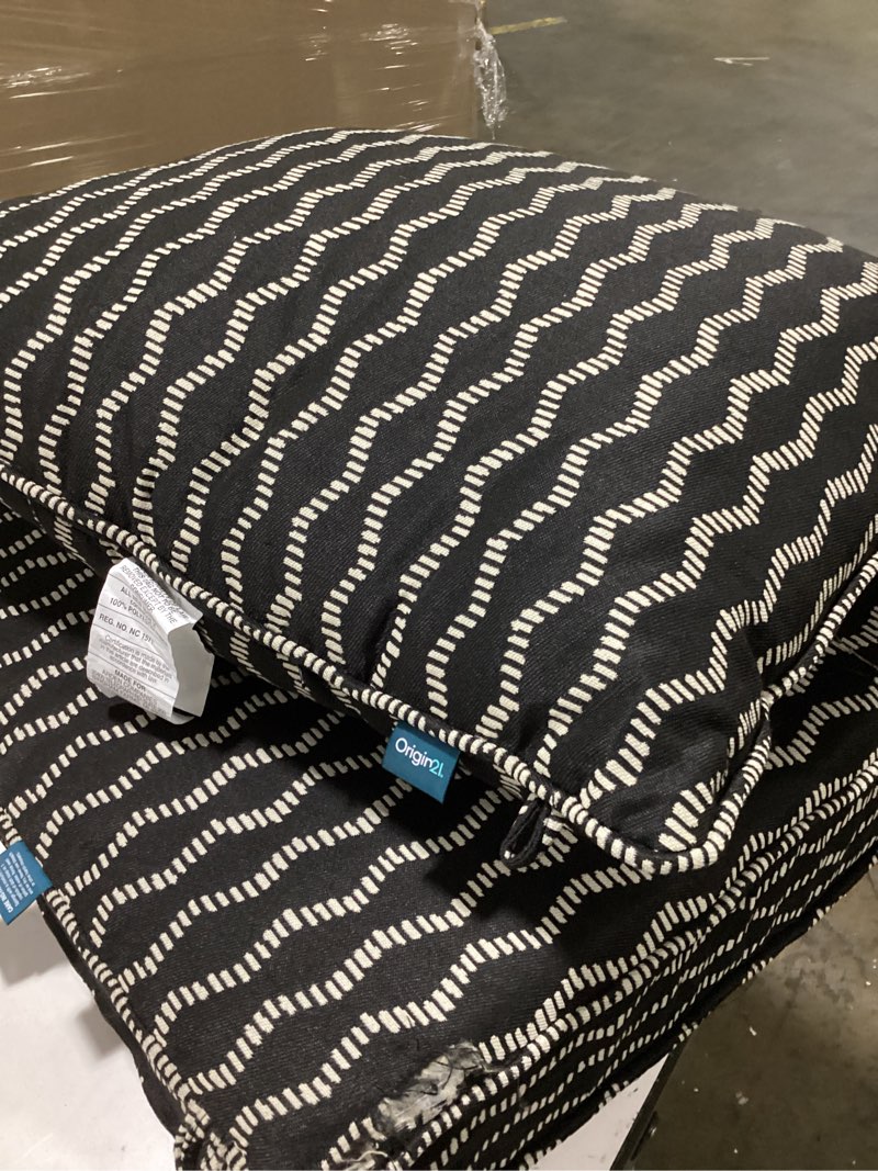 Condition photo showing As Is for origin 21 25-in x 25-in 2 -piece black helix jacquard deep seat patio chair cushion