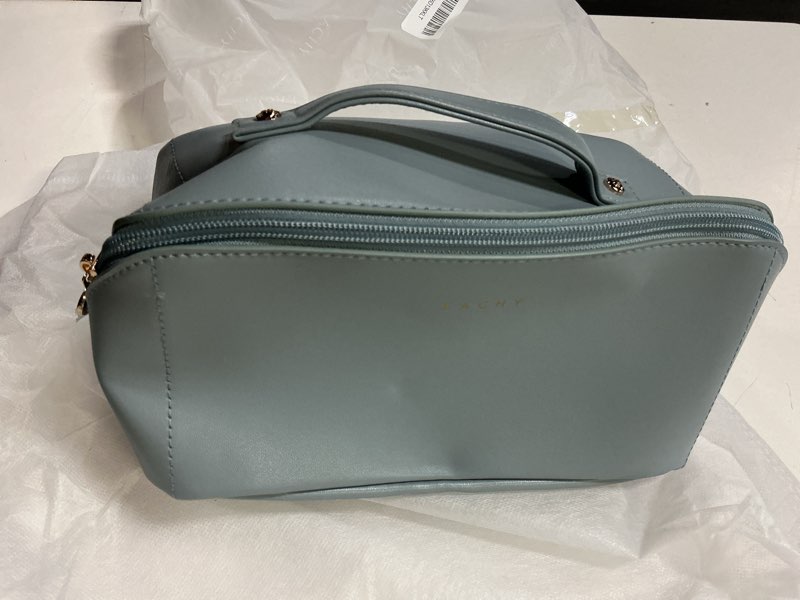 Condition photo showing Good Condition for eachy travel makeup bag, large capacity cosmetic bag for women, waterproof pu leather, flat open portable toiletry bag for skincare, brushes & travel essentials medium aj-blue