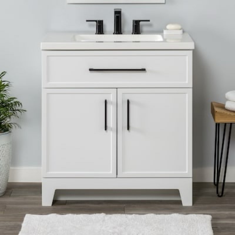 style selections potter  30-in true white single sink bathroom vanity with white cultured marble