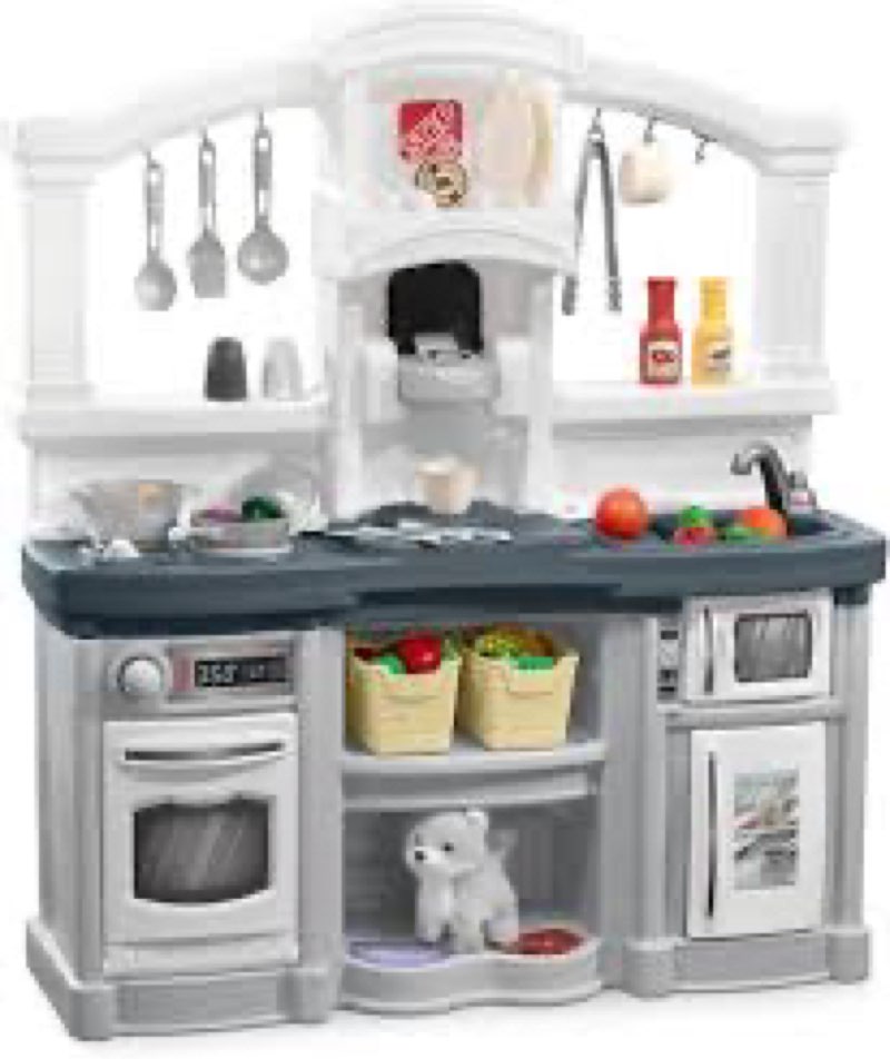 Step2 Fun with Friends Kids Kitchen Playset, Indoor/Outdoor Kitchenette, Interactive Play with Lights and Sounds, Durable Plastic, Includes 25 Piece Toy Accessories, Toddlers 2+ Years Old,Grey