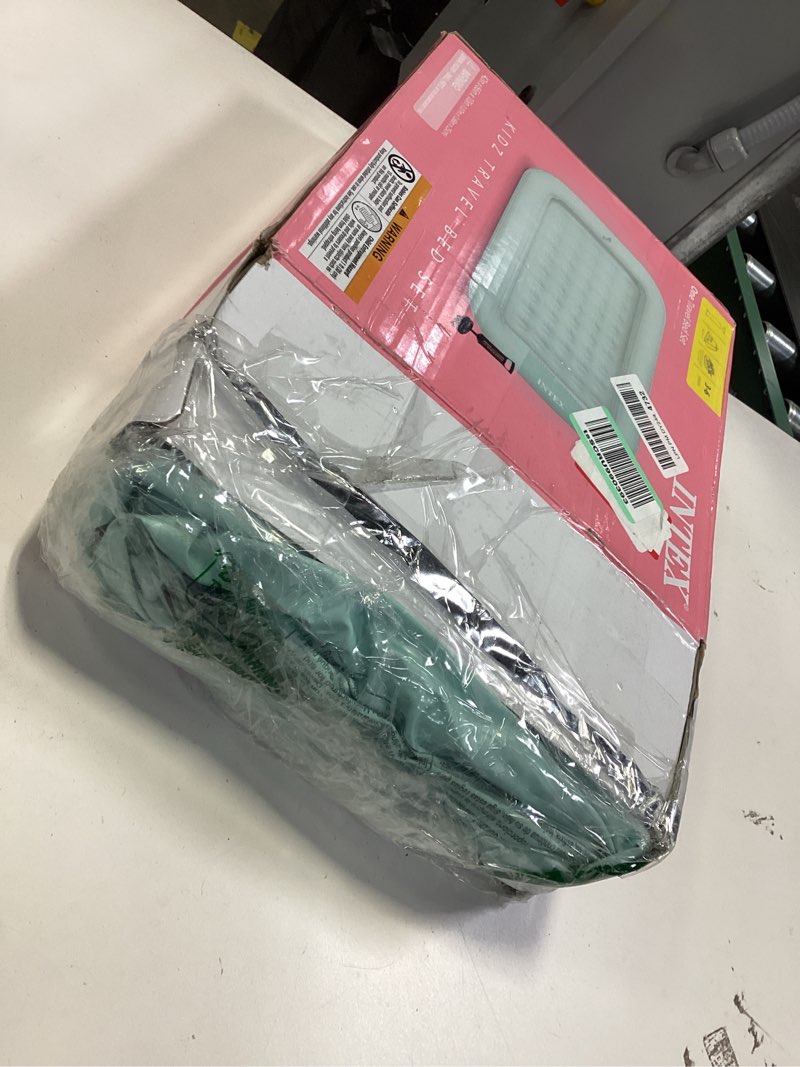 Condition photo showing As Is for Intex Kids Travel Air Mattress Inflatable Bed with Raised Sides and Hand Pump - Portable Blow-Up Toddler Traveler Bed for Children's Naps or Sleep Mint Green