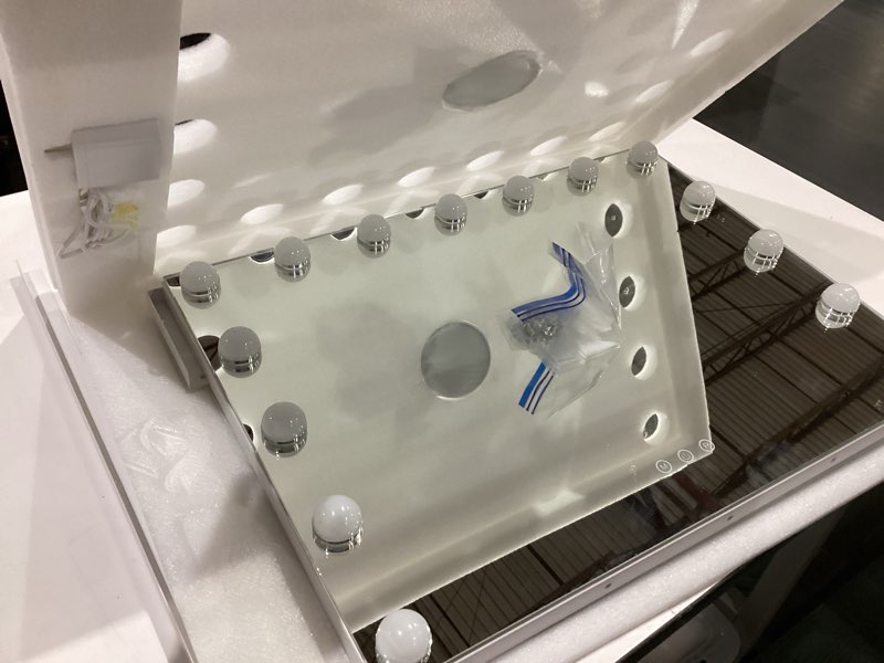 Condition photo showing As Is for moonee vanity mirror with lights, hollywood lighted makeup mirror with 15 dimmable bulbs and 10x magnification, 3 colors modes, light up mirror, perfect valentine's day gift for her?23" x 18"? white 23"l x 18"w