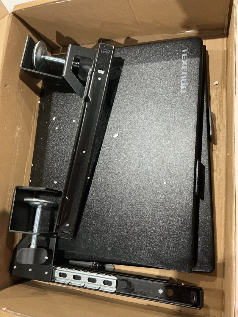 Condition photo showing As Is for keyboard tray, 25 in. pine plastic, keyboard tray under desk with wrist rest, mouse pad, cup mat, lightweight slide out tray, easy assemble adjustable c clamp