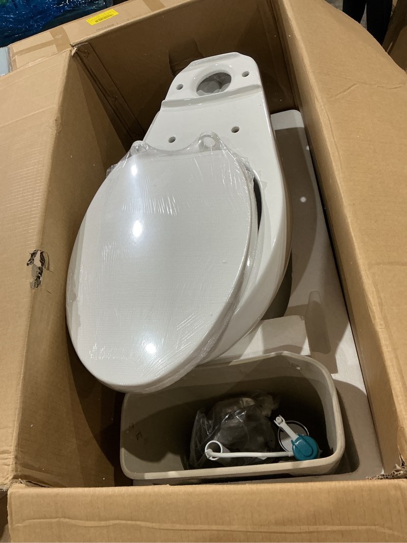 Condition photo showing As Is for two piece toilet 21 inch chair height elongated bowl, side handle, high seat toilet for elderly, comfortable bathroom toilet with soft-close seat white 21" h-elongated side press flush