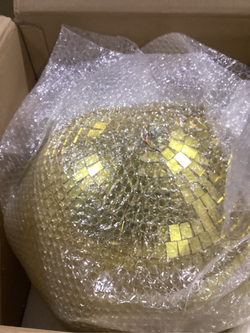 Condition photo showing Good Condition for 16 Inch Mirror Disco Ball lamp, Gold 16" Disco Ball Decor Hanging Disco Ball for Party Wedding Holiday Home Decoration, Replacement Mirror x 20pcs, Gold, 16inch