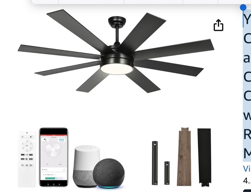 yitahome 60 inch black ceiling fan with lights and remote,8 blades,app control, modern smart ceiling fan compatible with alexa for indoor, reversible quiet motor, memory function