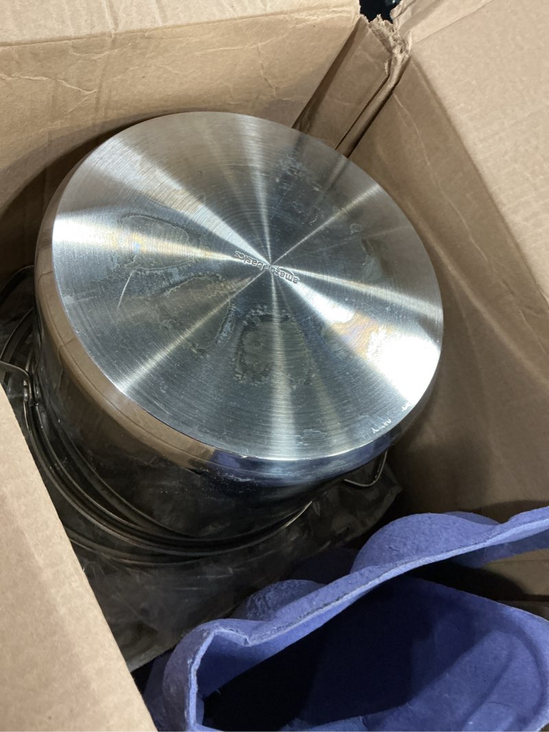 Condition photo showing As Is for amazon basics stainless steel induction compatible stock pot with glass lid, oven safe, dishwasher safe, sturdy, 8 quart, silver
