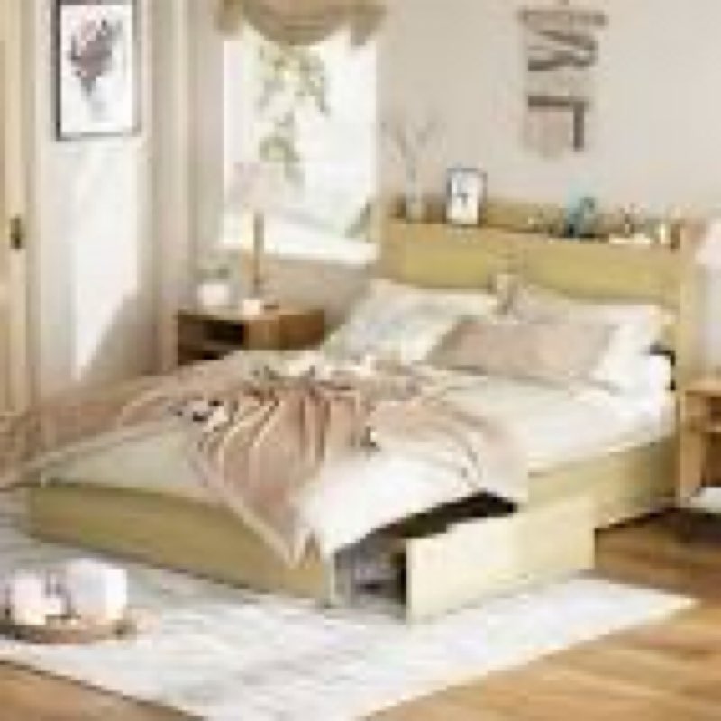 Yechen queen bed frame with natural rattan headboard and storage drawers