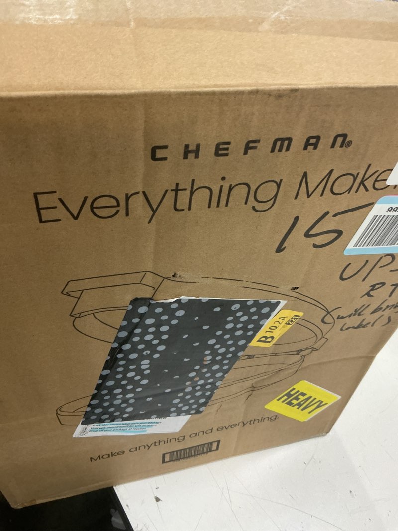 Condition photo showing As Is for chefman everything maker & pizza oven – 1440w countertop electric pizza maker with 12” nonstick cooking plates, plus makes quesadillas, omelettes and more, with indicator lights and vertical storage 13" x 15" x 4" midnight