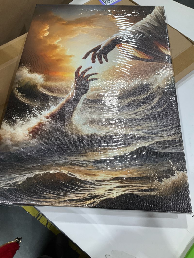 Condition photo showing New/Like New for jesus canvas wall art the hand of god divine rescue at sea painting pictures wall decor christianjesus hand reaching poster prints for prayer room church living room bedroom scene home decoration jesus sailor 16l" x 12w"-canvas
