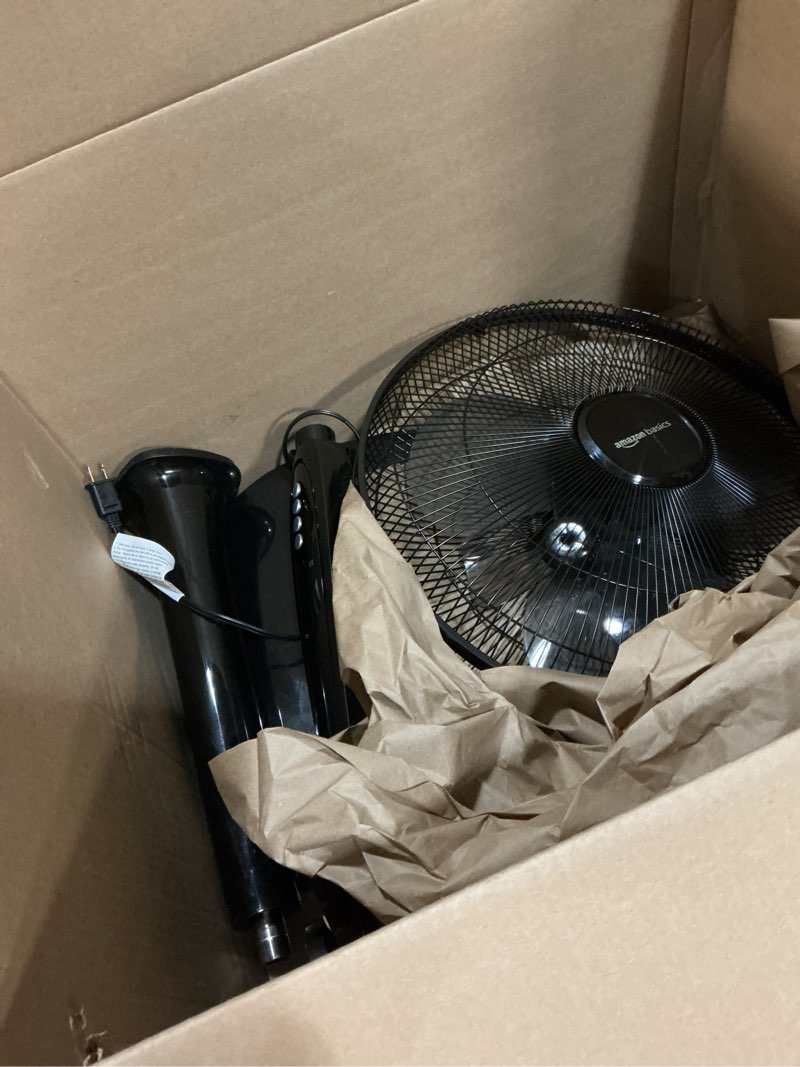 Condition photo showing As Is for amazon basics 16" pedestal fan with remote for bedroom, living room, office, adjustable height, dual-layered blades, 3 speeds, 3 modes, timer, tilt head, 60w, black 3-speed, ac motor