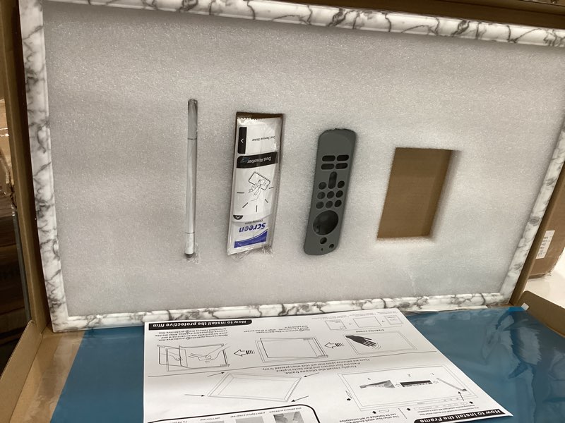 Condition photo showing As Is for Wooden Frame with Magnet for Echo Show 21, Screen Protector, Magnet Stylus Pen,Magnet Remote Control(Light Brown)