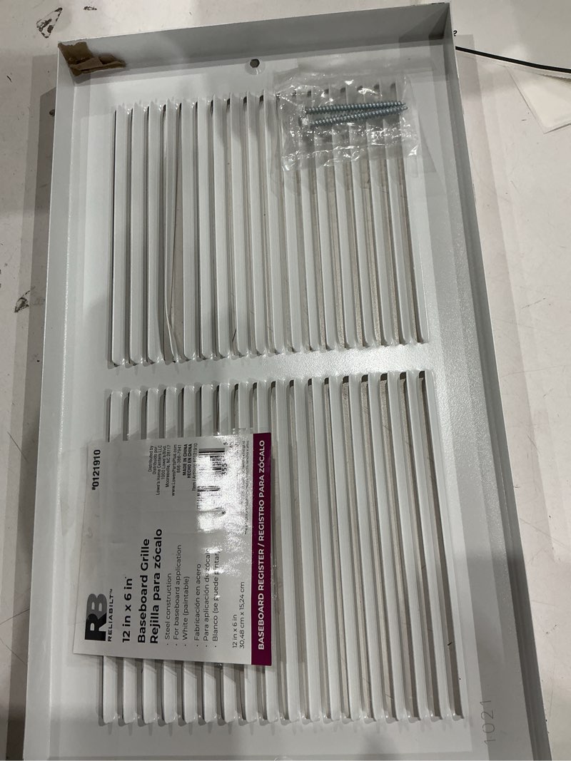 Condition photo showing As Is for reliabilt 12-in x 6-in steel white baseboard grille (outside width- 13.57-in)