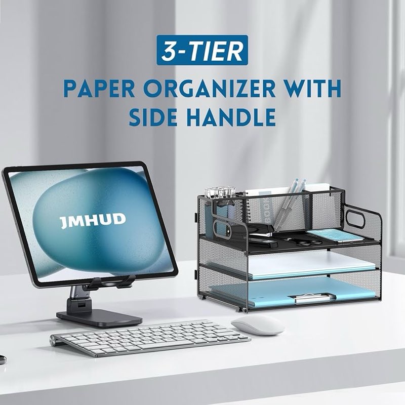 JMHUD 2 Pack 3-Tier Paper Letter Tray Organizer with Pen Holder, Mesh Desk Accessories & Workspace 