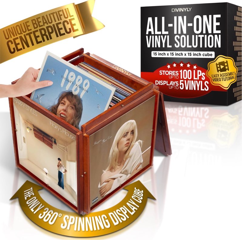 Decorative All-in-1 Vinyl Record Storage Box - Spins, Displays, Protects, and Stores - Wooden Display Cube - Rotating Wooden Crate Album Holder for 100 LP Records Collection