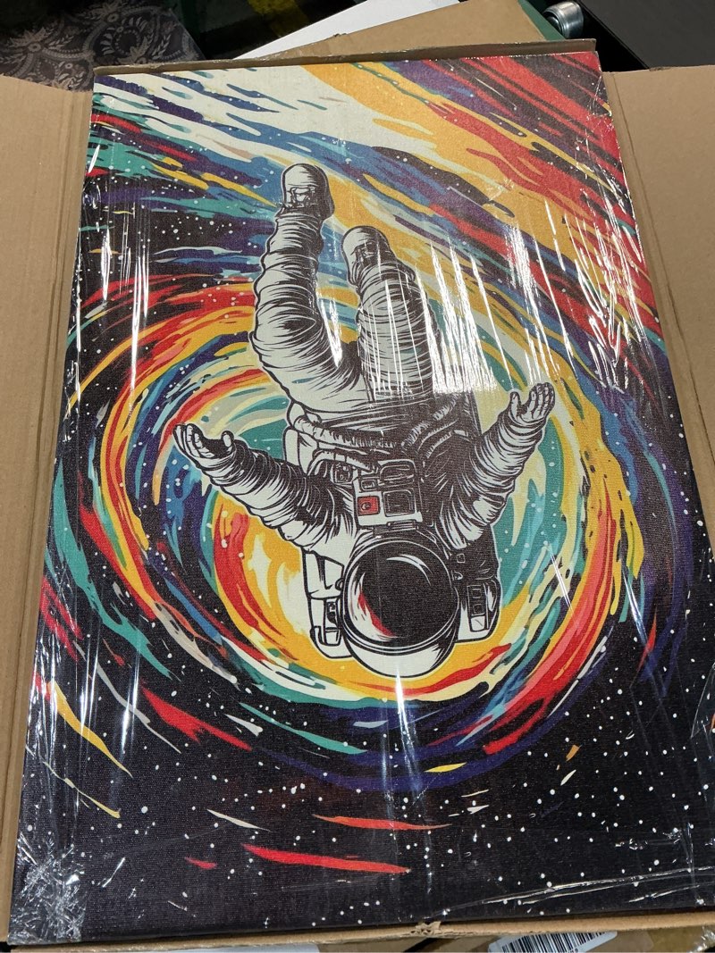 Condition photo showing As Is for space explorer astronaut galaxy graffiti canvas wall art framed painting vibrant cosmic swirl banksy wall decor artwork print poster for boys room bedroom office modern space decor 16x24 inches astronaut 24"l x 16"w