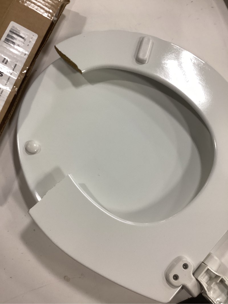 Condition photo showing As Is for Mayfair Cassel Slow Close Toilet Seat, Easy Clean, Non Slip Premium Wood Seat, Easy Install, Made in USA, Round, White