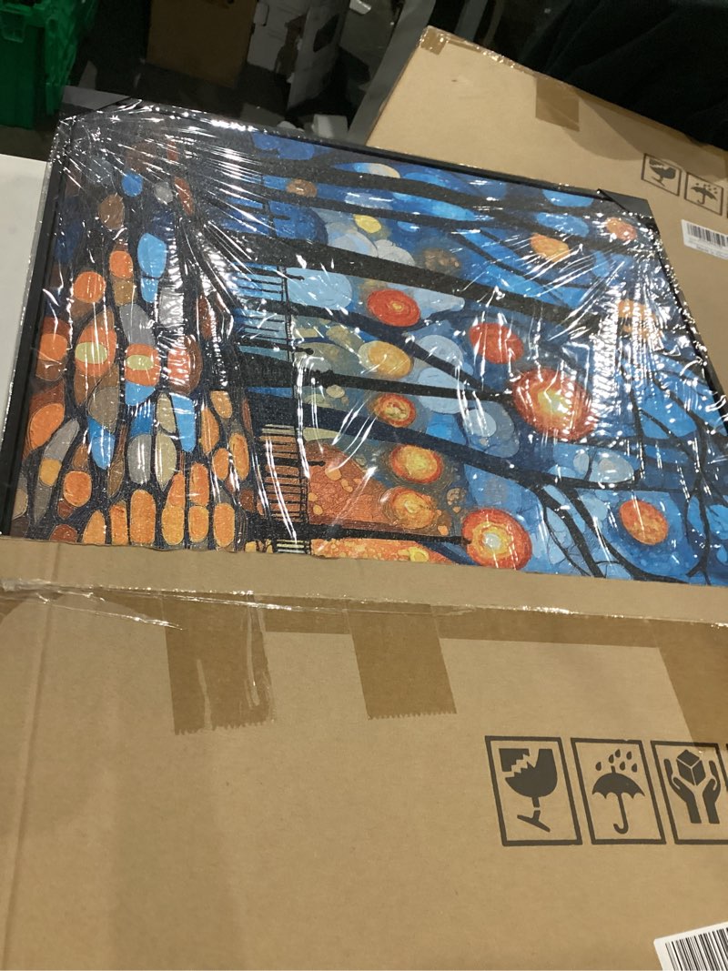 QZQCBLC Blue Canvas Wall Art, Abstract Night Scene Street Lights Wall Pictures Orange Halo Framed Pa