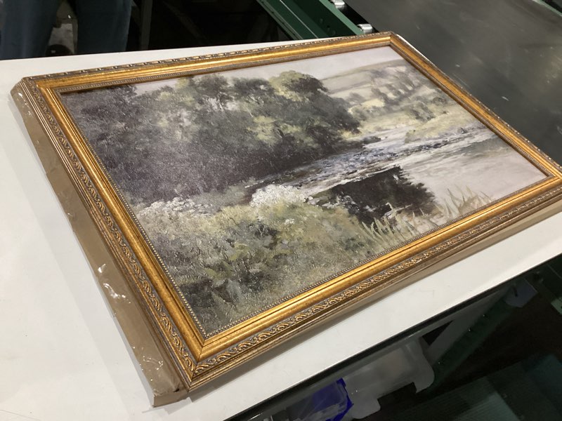 Condition photo showing Good Condition for large framed vintage wall art forest stream painting rustic landscape canvas print nature pictures poster modern farmhouse decor for living room bedroom office home decoration 24x36inch 24"l x 36"w style-1