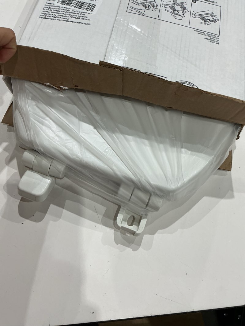 Condition photo showing As Is for kohler stonewood quiet-close, elongated toilet seat soft close, durable wood, easy installation, universal fit, home essentials, white finish, k-20466-0 white elongated double-hinge