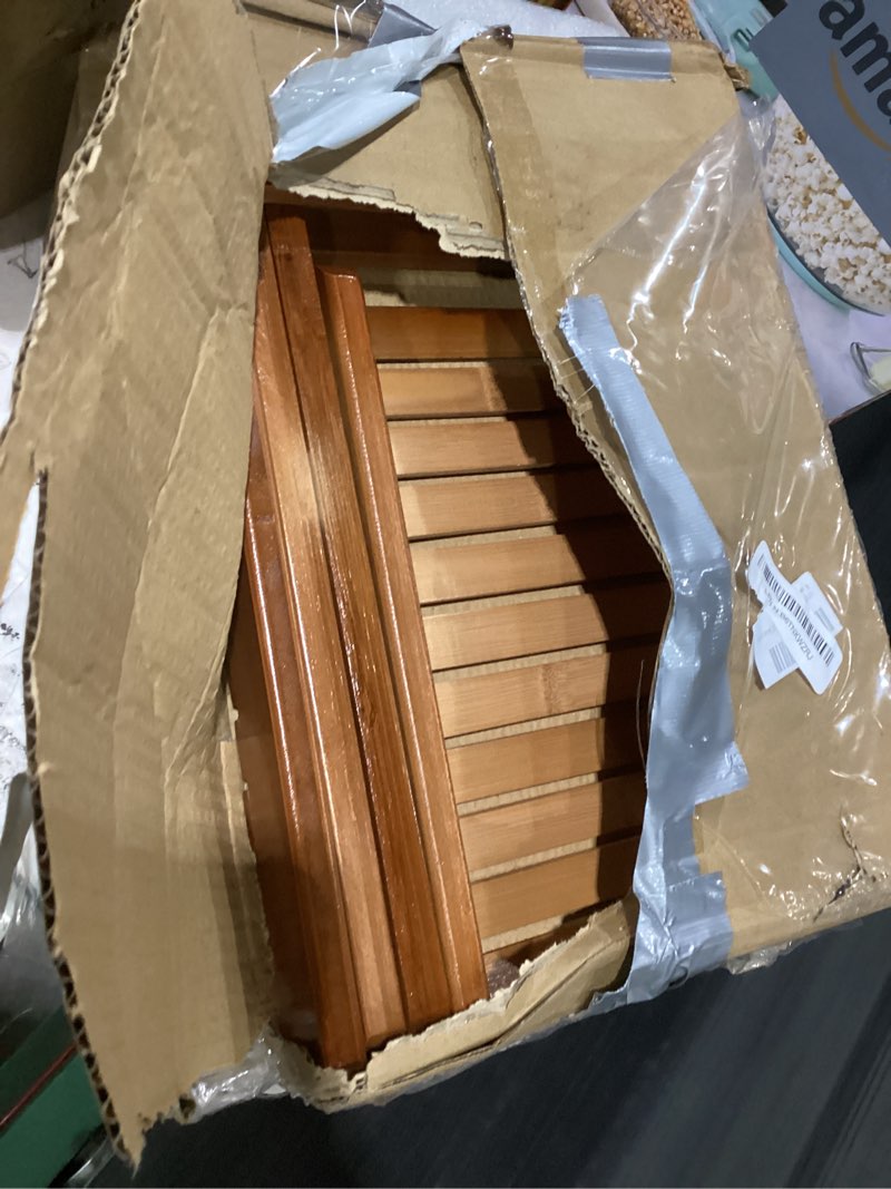 Condition photo showing Good Condition for folding bamboo stool for shower, leg shaving and foot rest, natural bamboo folding stool, folding bamboo shower seat, fully assembled, 12 inch high