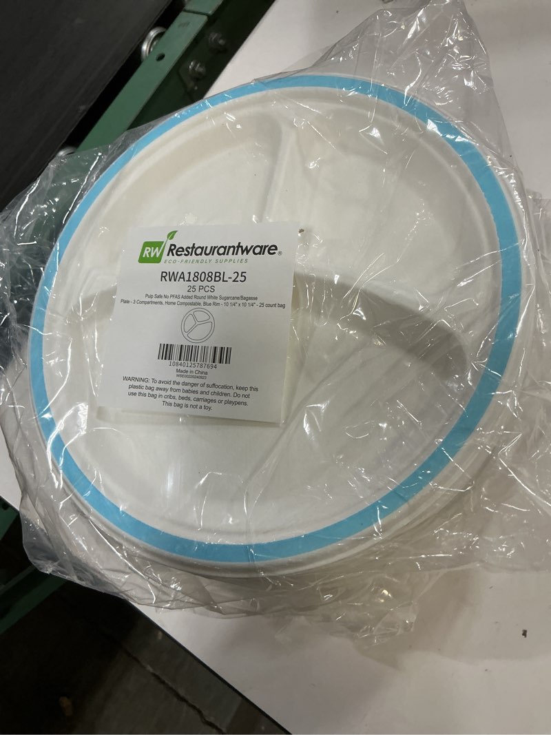 Condition photo showing New/Like New for plate- 3 compartments,home compostable 100 counts