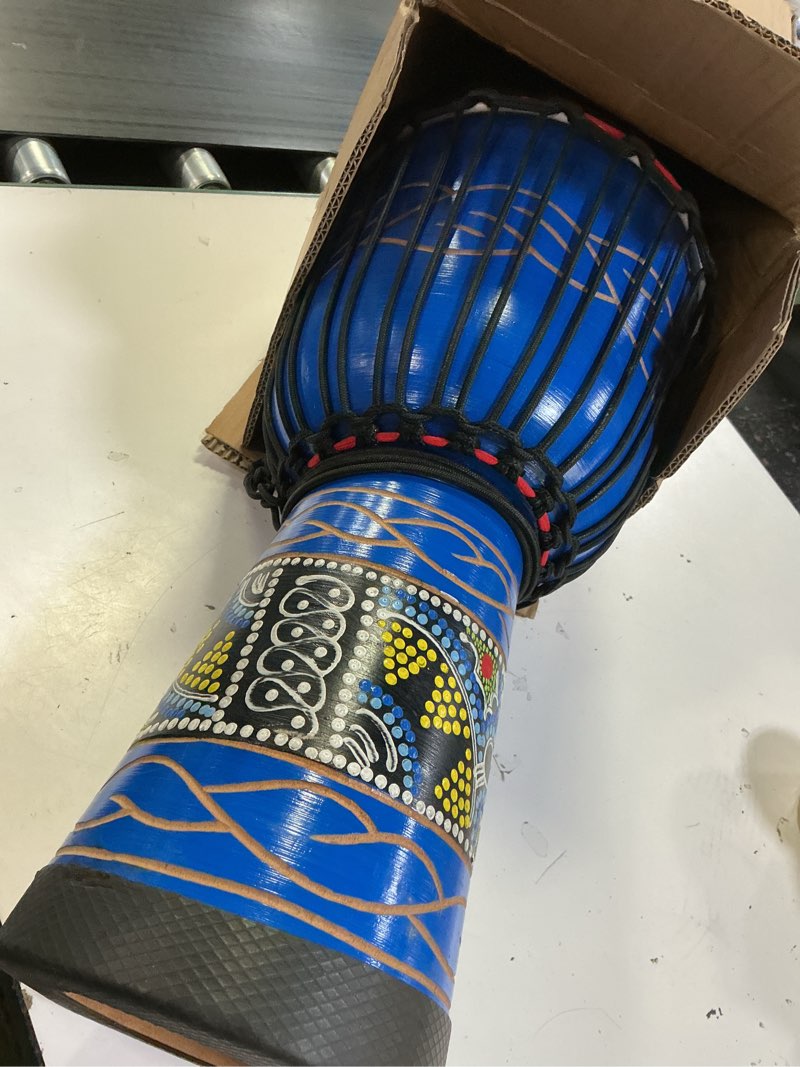 Condition photo showing New/Like New for lieke djembe african drum 10'' x 20'' mahogany goatskin drumhead hand-painted pattern hand drum for adults beginners (blue) 10'' blue