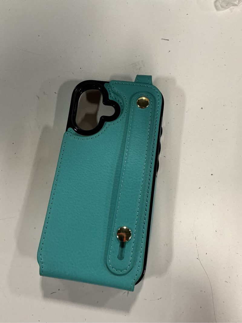 Condition photo showing Good Condition for folosu wallet case with card holder for iphone 17, hand wrist strap loop holder kickstand, rfid blocking finger grip ring pu leather double buttons shockproof cover 6.3" green mint green