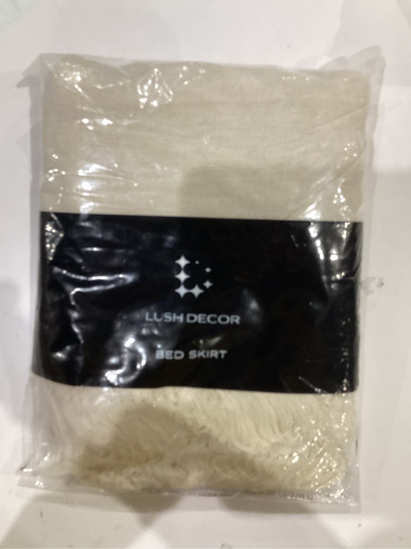 Condition photo showing New/Like New for lush decor boho fringe 15-inch tailored drop easy fit bed skirt queen size single 60" w x 80" l +15" neutral - queen bed skirt - wrap around bed skirt queen neutral