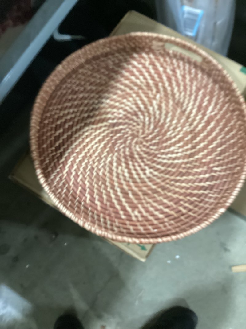 Condition photo showing Good Condition for Round Rattan Woven Serving Tray with Handles Ottoman Tray for Breakfast, Drinks, Snack for Coffee Table, Home Decorative (16.9 inch, Honey Brown) 16.9" Honey Brown